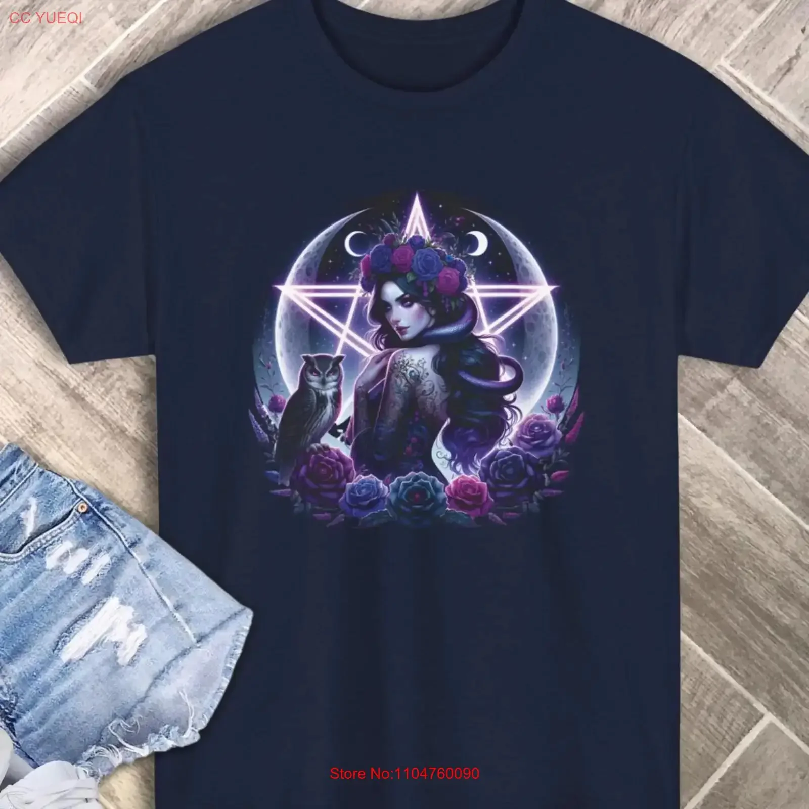 Lilith T Shirt Owl Pentagram Moon Phase Gothic Goddess Dark Feminine Witchy Pagan  vintage Washed Unisex fashion graphic Casual