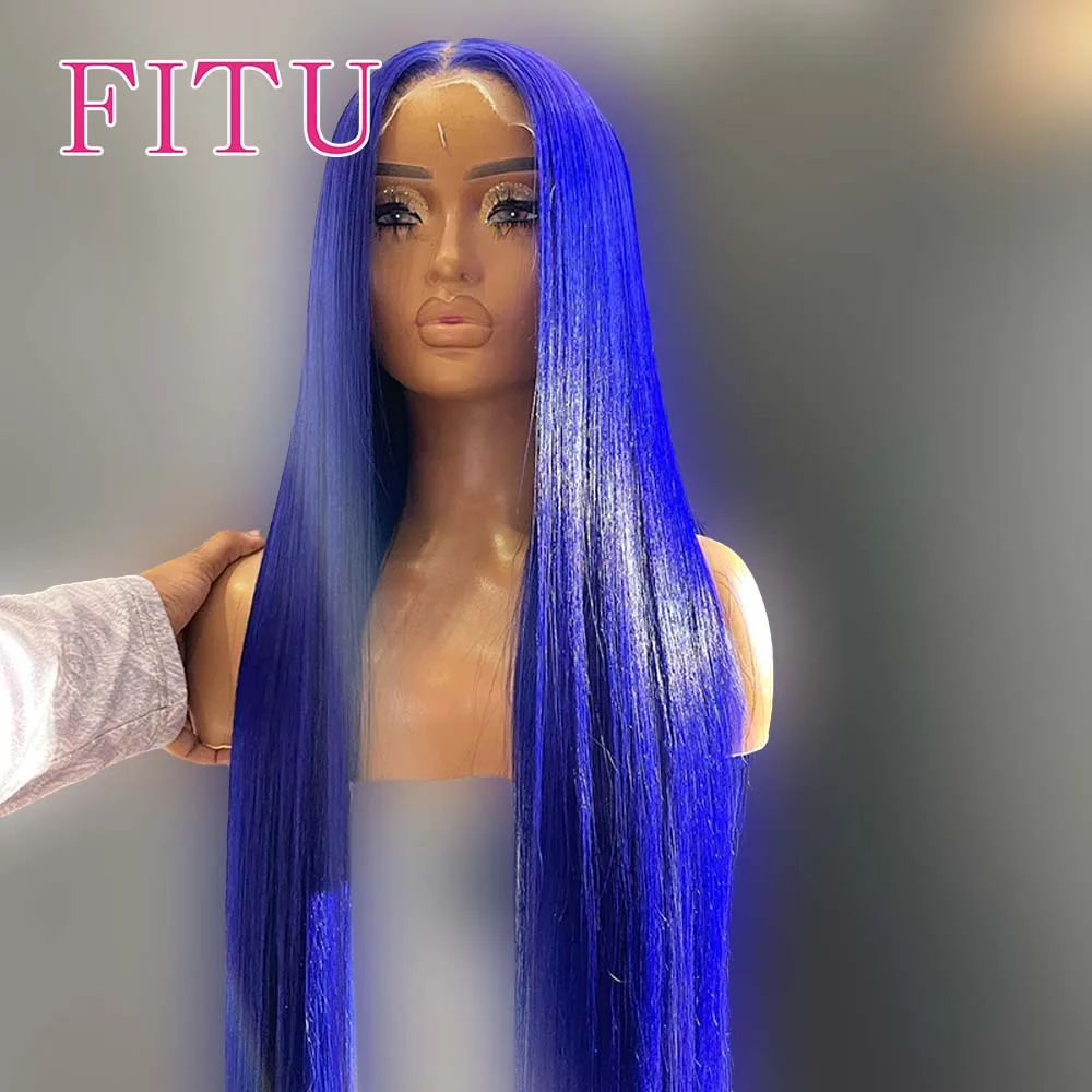 

FITU Blue Transparent 13x6 13x4 Lace Frontal Human Hair Wig 613 Colored Plucked With Baby Hair 5x5 Lace Closure Wig