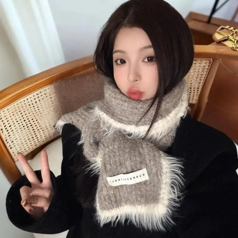 Cachecol de malha de lã espessada para mulheres moda inverno listras verticais cores contrastantes aquecedor de pescoço quente