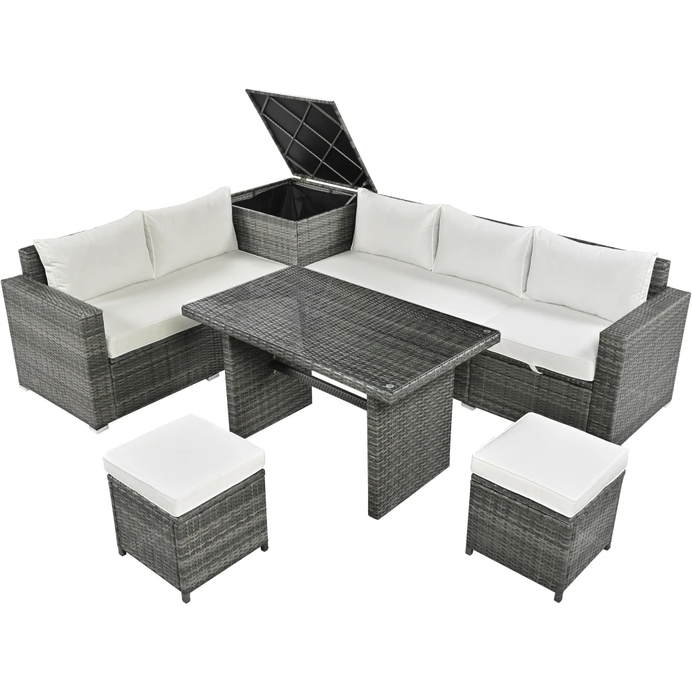 

Outdoor 6-piece PE rattan garden terrace wicker segmented furniture set with adjustable seats and storage compartments