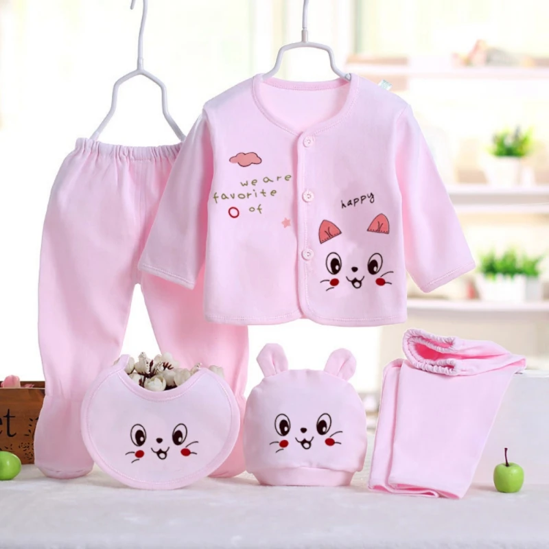 Newborn Baby Summer Pure Cotton Skin-friendly Breathable suit Long Sleeve Printed Dan\'pai Top Solid Color Trousers Hat Bib suit