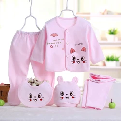 Newborn Baby Summer Pure Cotton Skin-friendly Breathable suit Long Sleeve Printed Dan'pai Top Solid Color Trousers Hat Bib suit