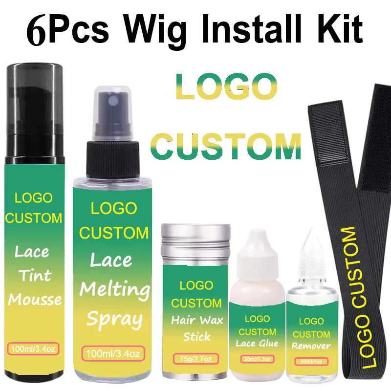 Kit de instalação de peruca de renda, 6 peças, logotipo personalizado, cola e removedor de renda, mousse, spray de derretimento de renda, bastão de cera de cabelo, faixa de derretimento de renda