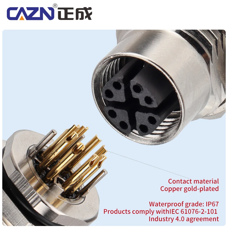 M12 X-Coded PCB Socket Female Front Rear Mount 8 Pin IP67 Waterproof Shielded for Gigabit Ethernet & High-Speed Data