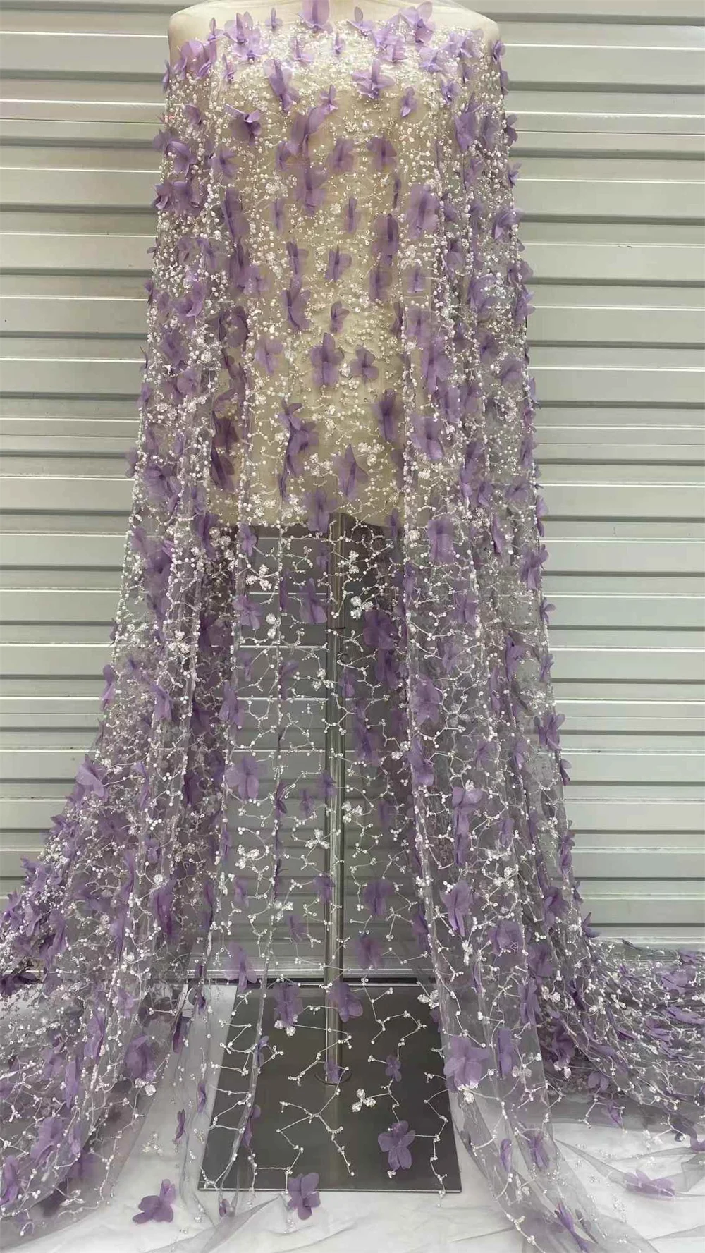 Purple Latest Best Quality Luxurious Soft Eligant Embroidered 3D Beaded Tube Lace Fabric For Party Evening Dresses 5YardS W183-1