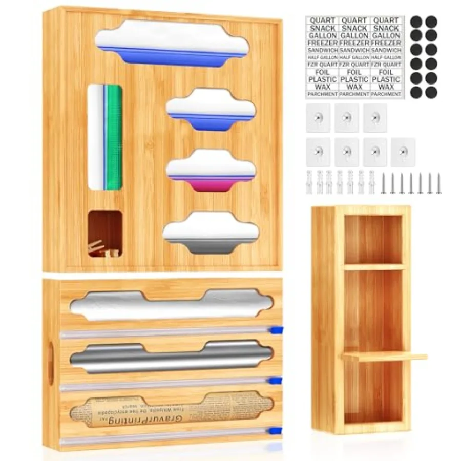 

Бамбуковый органайзер-резак для пакетов для сэндвичей, пакетов для продуктов (гallon, quart) и рулонов из алюминиевой фольги и пищевой пленки, 9 дюймов