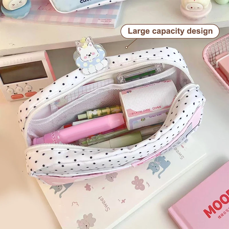 

Милый пенал с изображением кота в горошек, большая вместительная многослойная сумка для канцелярских принадлежностей, сумки-карандаши, студенческие канцелярские принадлежности, школьные принадлежности