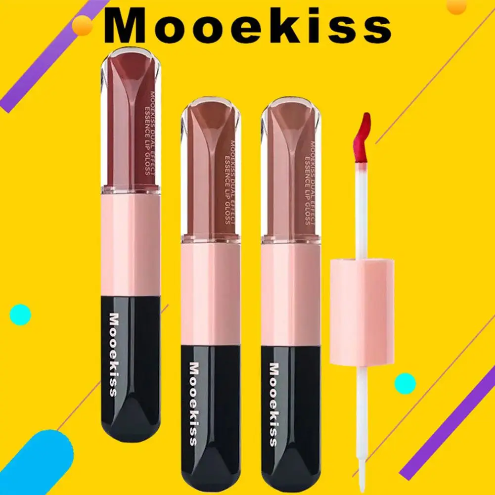 Mooekiss espelho de brilho labial de duas cabeças, hidratante, cabeça de escova de longa duração, copo antiaderente, formador de filme, batom labial