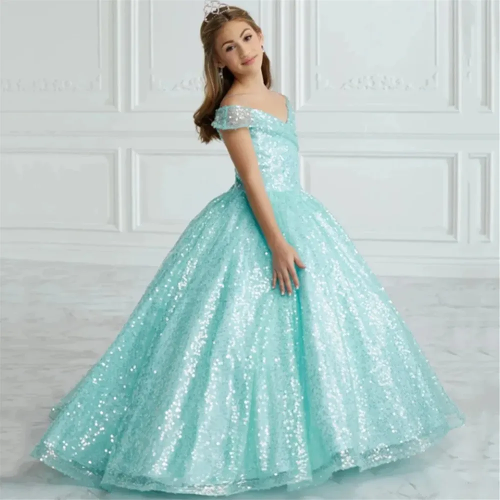 

Glitter Customized Flower Girl Wedding Dress Sequined Off the Shoulder Princess Birthday Party Holy Communion Banquet Gown
