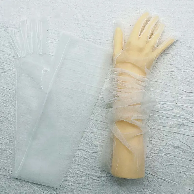 1 Pair Fashion Sexy Long Gauze Bridal Dress Gloves Women Transparent Sun Protection High Elasticity Breathable Thin Dress Gloves