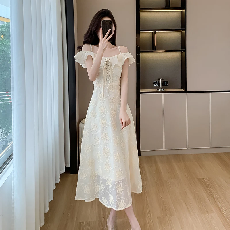 

French Holiday Lace Embroidery Off The Shoulder Suspended Dress Slash Neck Lace-up Slim Fit Temperament A-Line Long Skirt Women