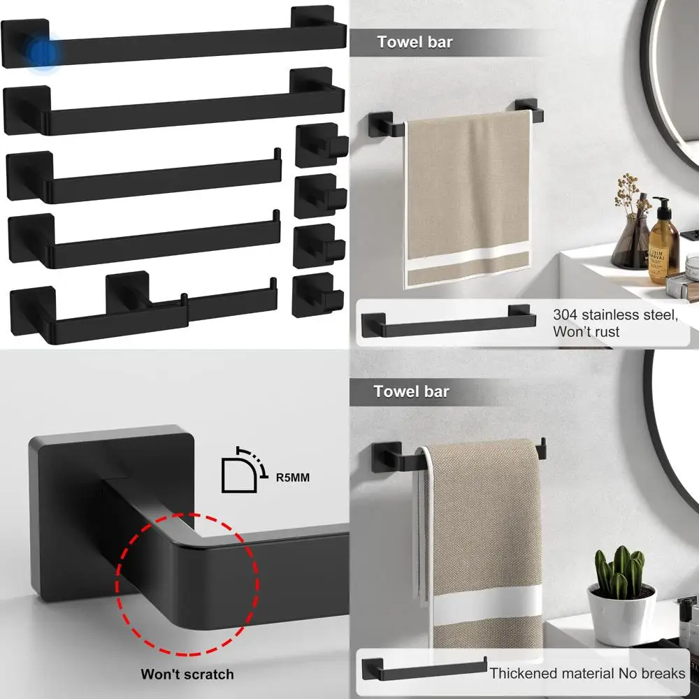 

Black 304 Stainless Steel Bathroom Towel Racks - 10-Piece Set for Toilet Paper Holder and Collision-Free Storage