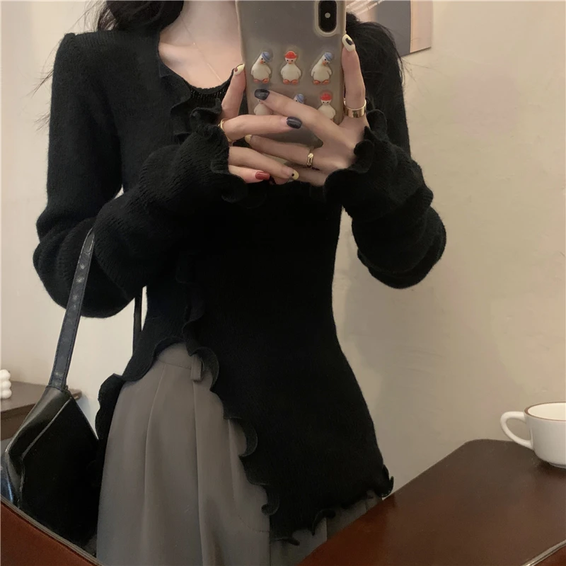 Maglione lavorato a maglia cardigan nero da donna Harajuku coreano Y2k maniche lunghe maglione maglioni vintage anni 2000 abiti di moda autunno