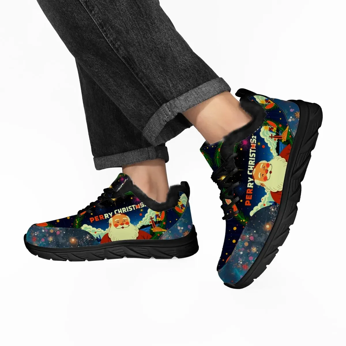 

New Black-soled Soft Fly-woven Christmas Santa Claus Cartoon Pattern Custom Printed Lace-up Lightweight Flat Sports Shoes