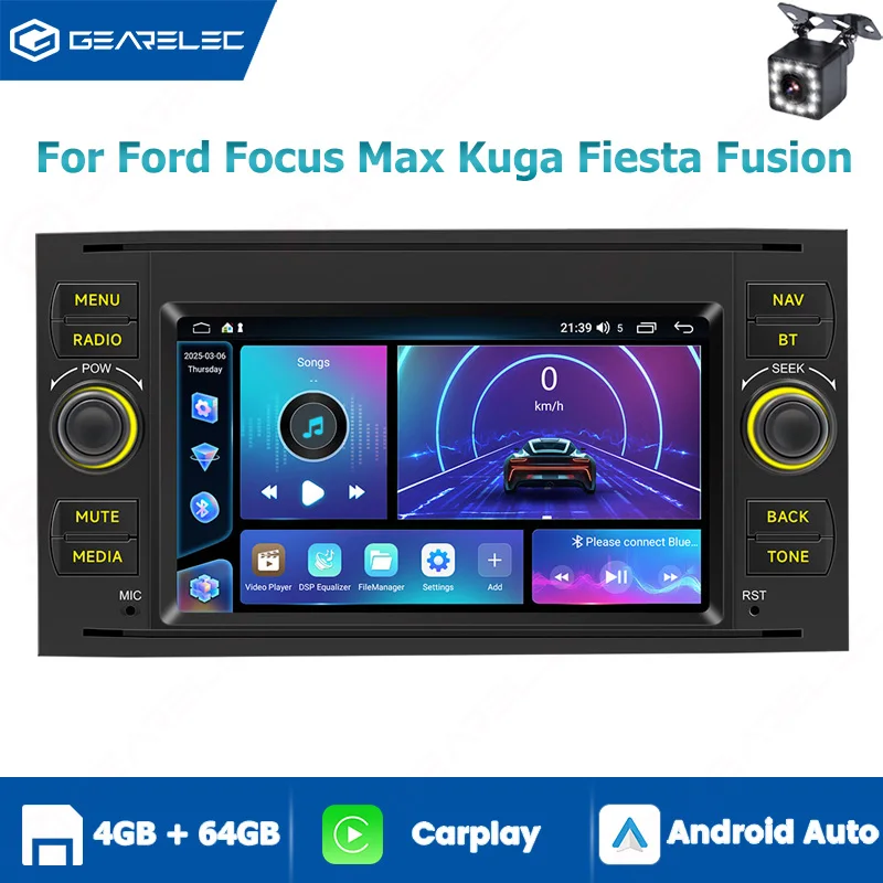 Autoradio für Ford Focus, Max, Kuga, Fiesta, Fusion; CarPlay, Android Auto, 7-Zoll, 2-DIN, GPS, WLAN, Android 14; Auto-Stereo-Multimedia-Player