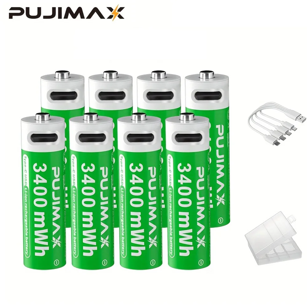 PUJIMAX 1.5 فولت AAA/AA 3400mWh 1100mWh بطارية قابلة للشحن USB نوع-C بطارية ليثيوم أيون قابلة للشحن للتحكم عن بعد الألعاب الكهربائية