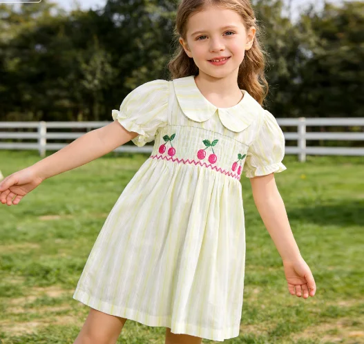 

Girls' New Summer Spring New Dress with Doll Collar and Short Sleeved Skirt Cute Cherry Princess Skirt