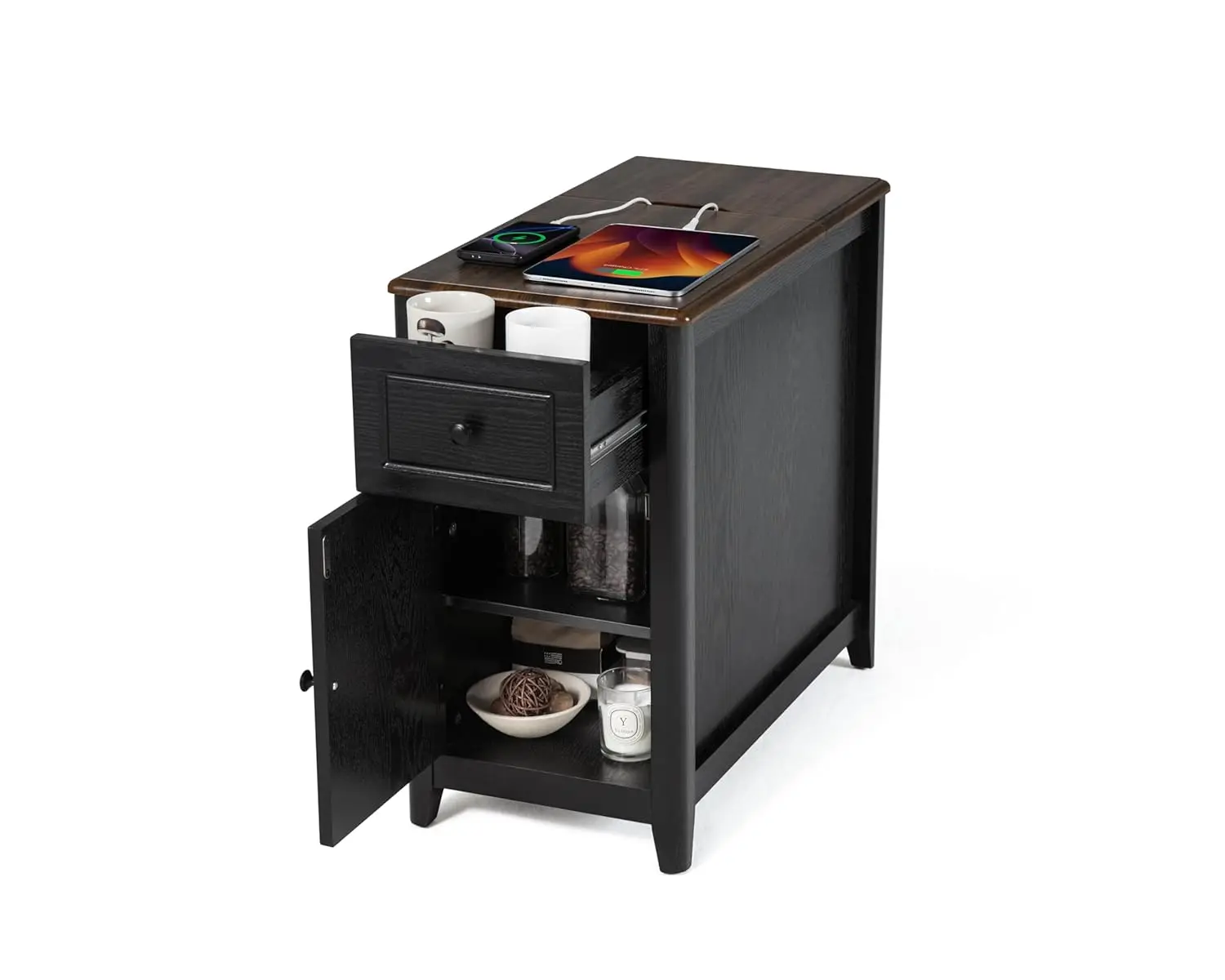 Farmhouse End Table with Charging Station, USB-C, Narrow Side Table with Storage Cabinet and Deep Drawer, Small, Customized
