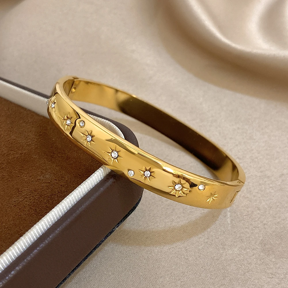 DODOHAO بسيط لامع جولة الفولاذ المقاوم للصدأ الكفة سوار المرأة موضة حجر الراين الشمس الربيع مشبك مفتوح الإسورة مجوهرات هدايا