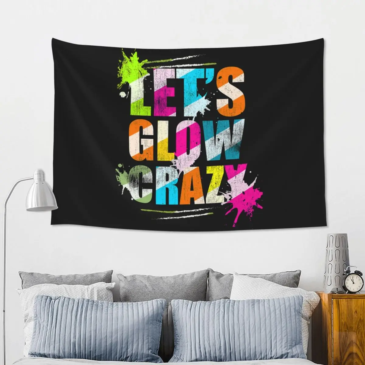Let's Crazy Neon Party Light Rave Tapestry Funny Wall Hanging Aesthetic Home Decor Tapestries for Living Room Bedroom Dorm Room
