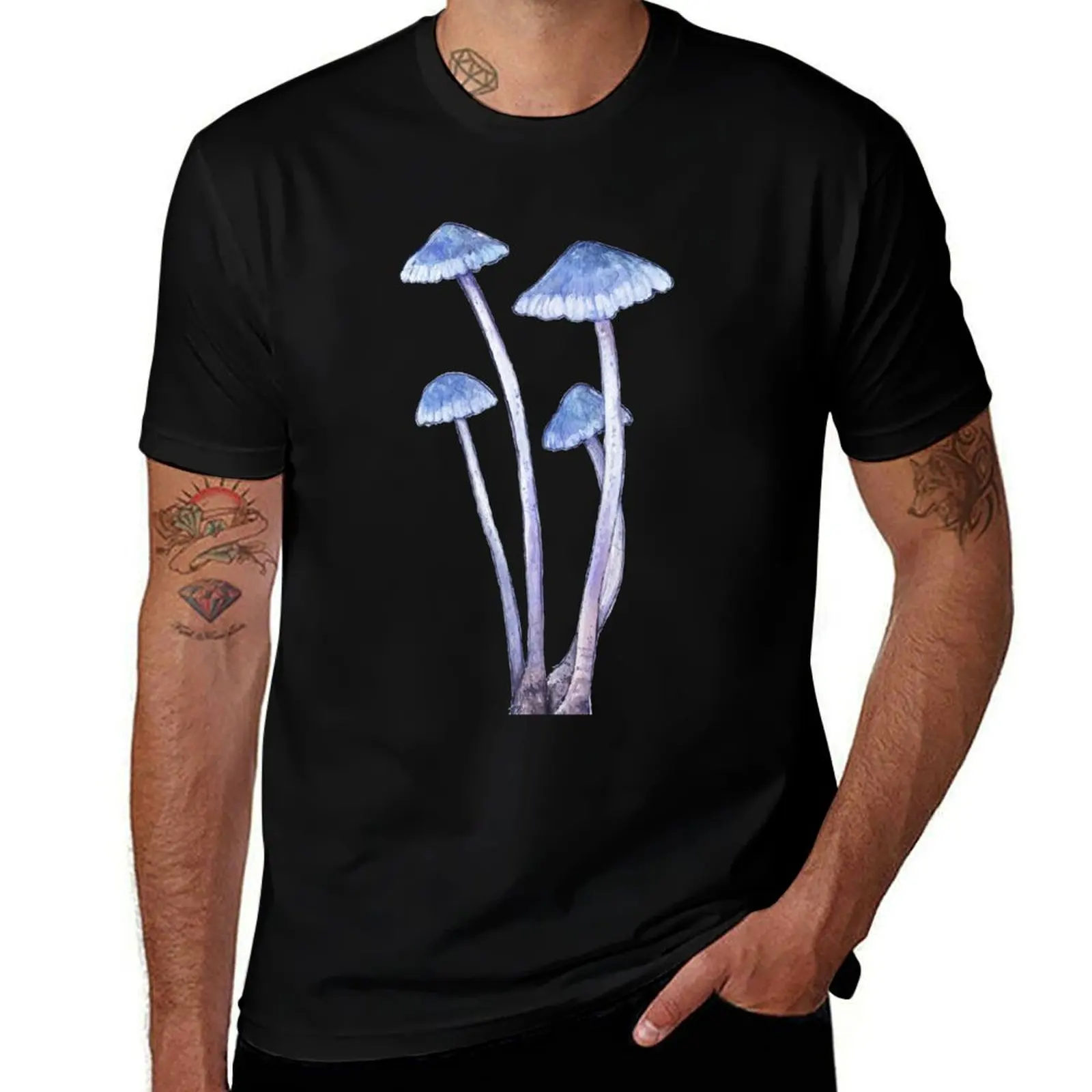 

Blue Watercolor Mushrooms by TylerShae T-Shirt cotton t shirt man black cotton t-shirt plain for man package