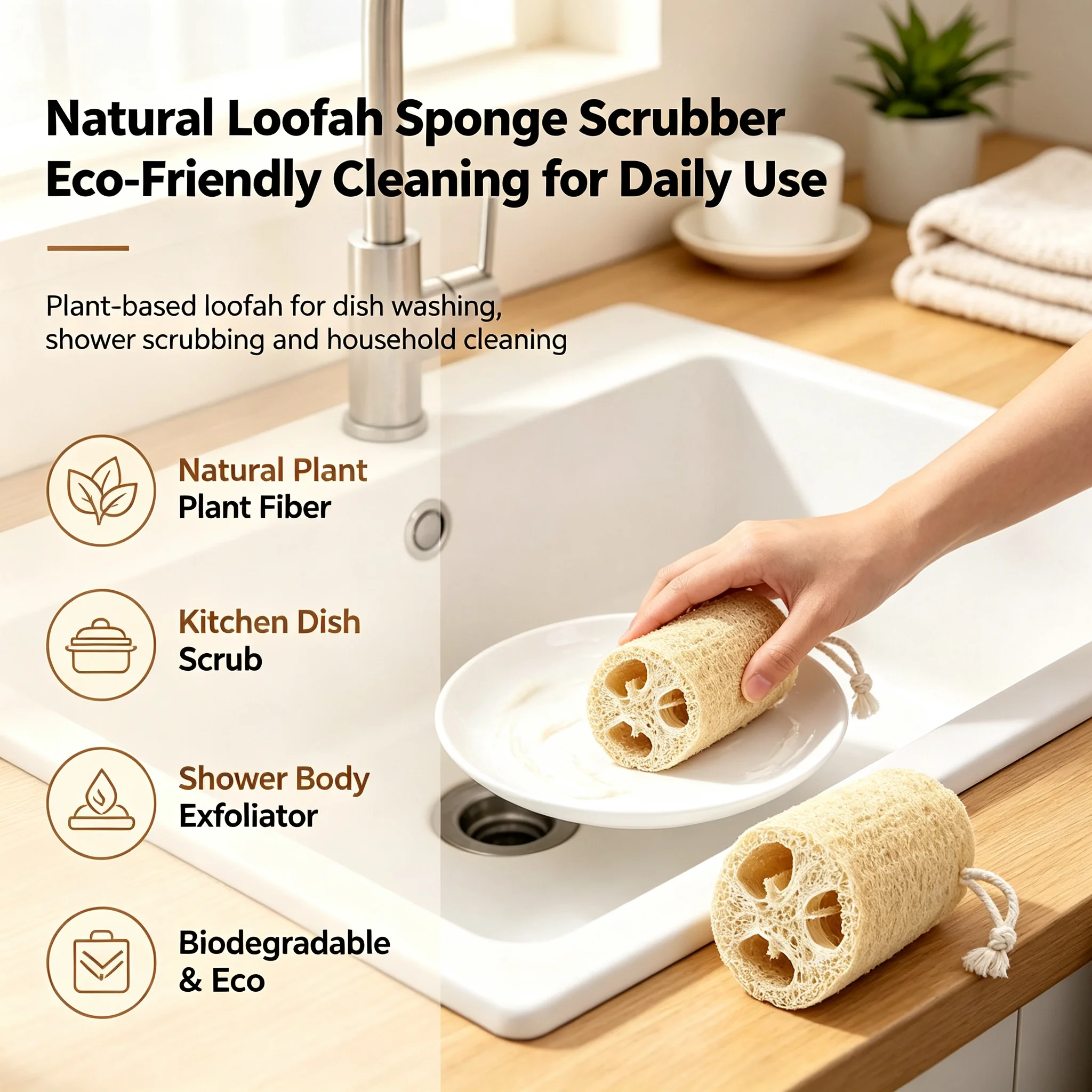 Natural Loofah Sponge Scrubber Kitchen Dish Washing & Shower Body Exfoliating Eco-Friendly Biodegradable Multi-Use Cleaning Pad