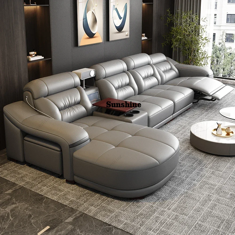 

Genuine Leather Living Room Sofas Sets Power Reclining Couch Electric Recliners With Projector, USB, Speaker & Cup Holder