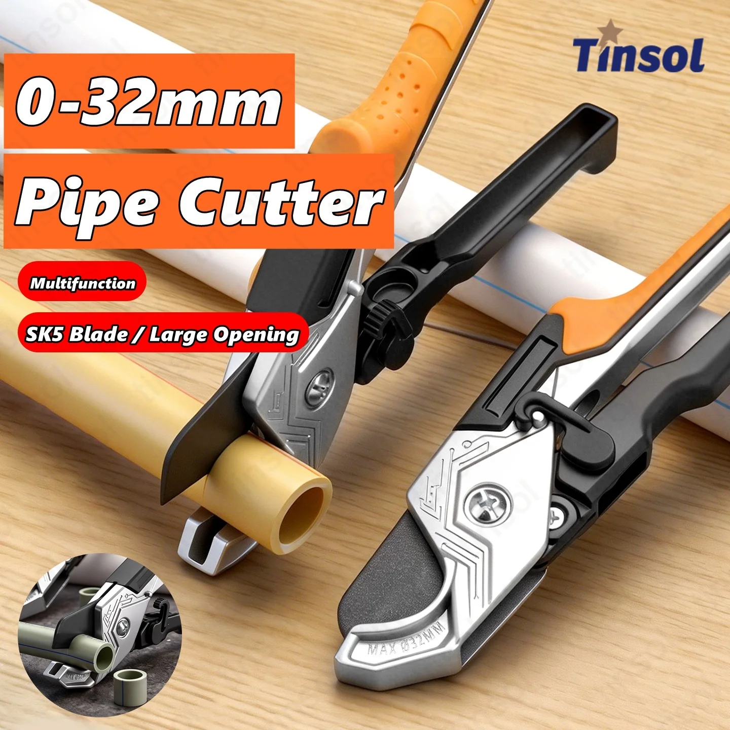 TINSOL 0-32mm Heavy Duty Pipe Cutter for PVC PPR PU PE Sharp SK5 Steel Blade Scissor Tube Cutter Manual Ratchet Plumbing Tool