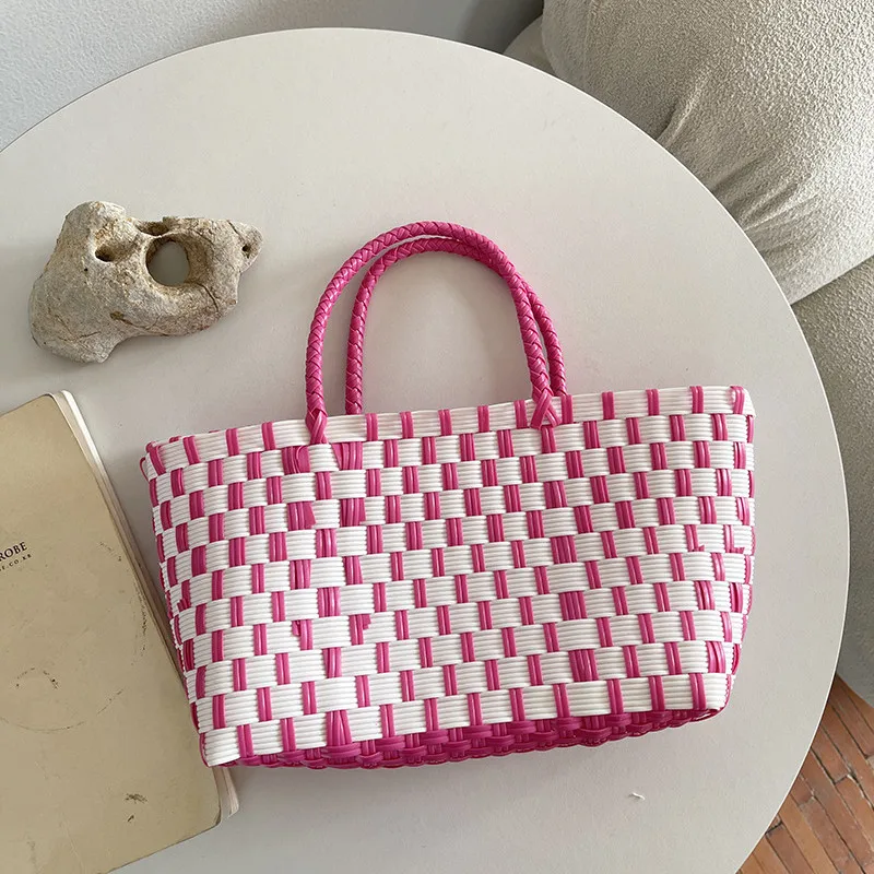 Women Fashion pvc Summer Beach Straw Knitting Shoulder Bag Hollow Out Handwoven Handbags Portable Large Capacity Casual Tote