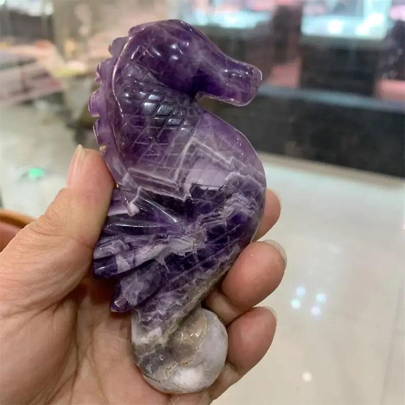 

10CM Natural Amethyst Seahorse Carving Crafts Cute Animal Fashion Home Decoration Birthday Present 1pcs