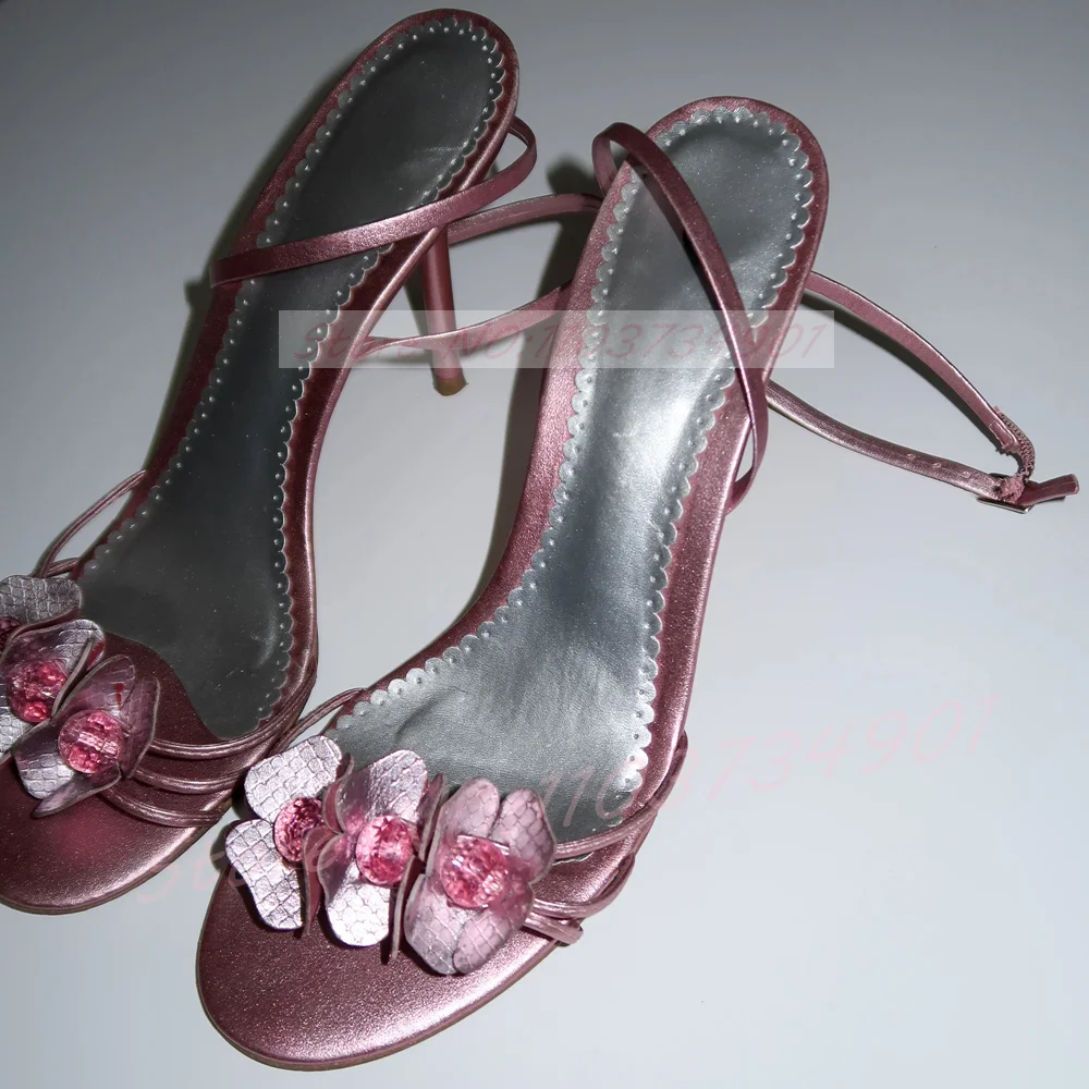 Metallic Flowers Crystal Stamens Sandals Women Pink Open Toe Ankle Strap High Heels Sandals Ladies Fashion Party Dress Shoes view 4