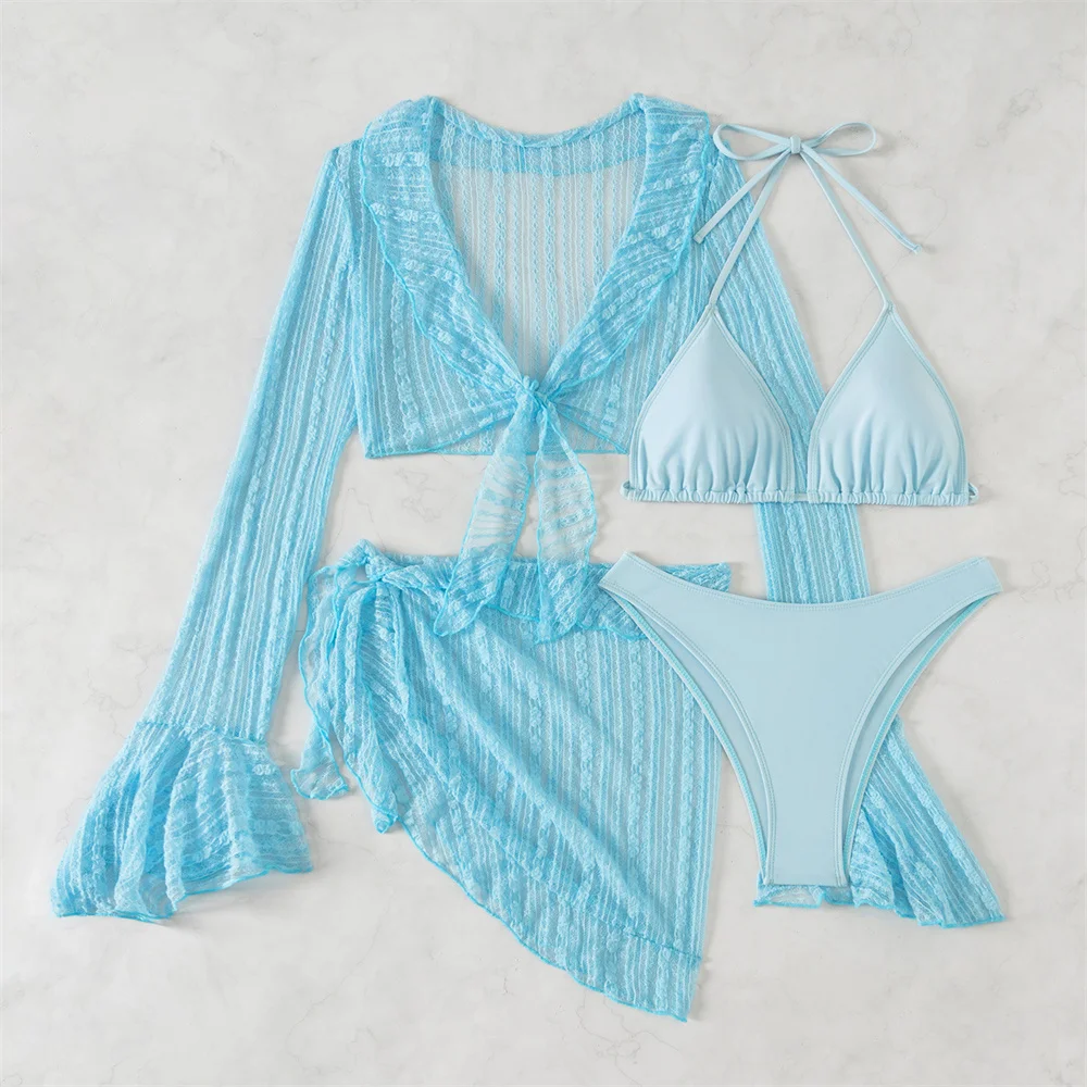 Maillot de bain en maille unie, tenue de plage, à volants, manches longues, Cover-Up pour les vacances, pour femmes, ensemble deux pièces en dentelle rose