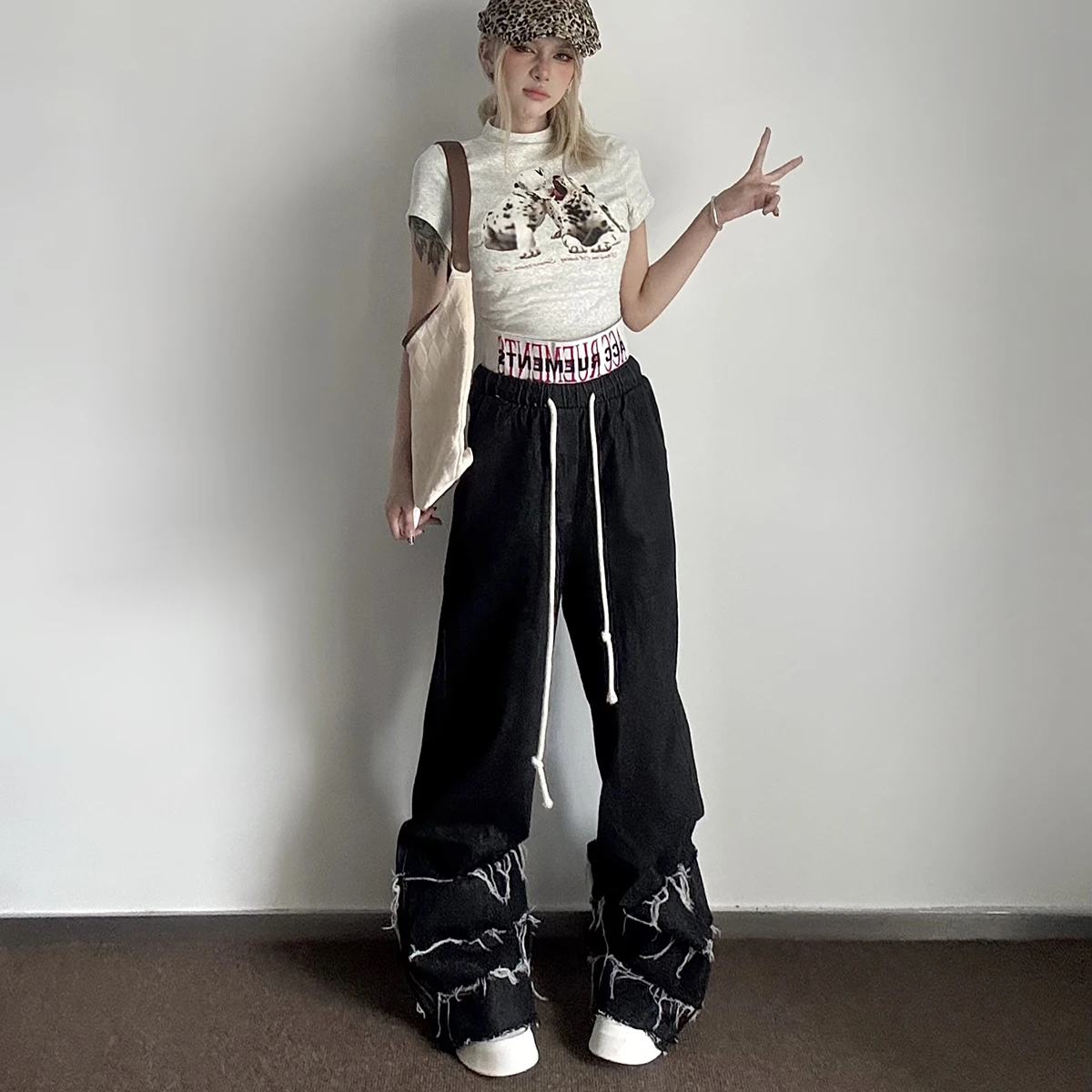 Vintage High Street Camouflage Flare Jeans Denim Unisex Elastic Waist Drawstring Casual Baggy Camo Wide Leg Jeans Trousers Y2k
