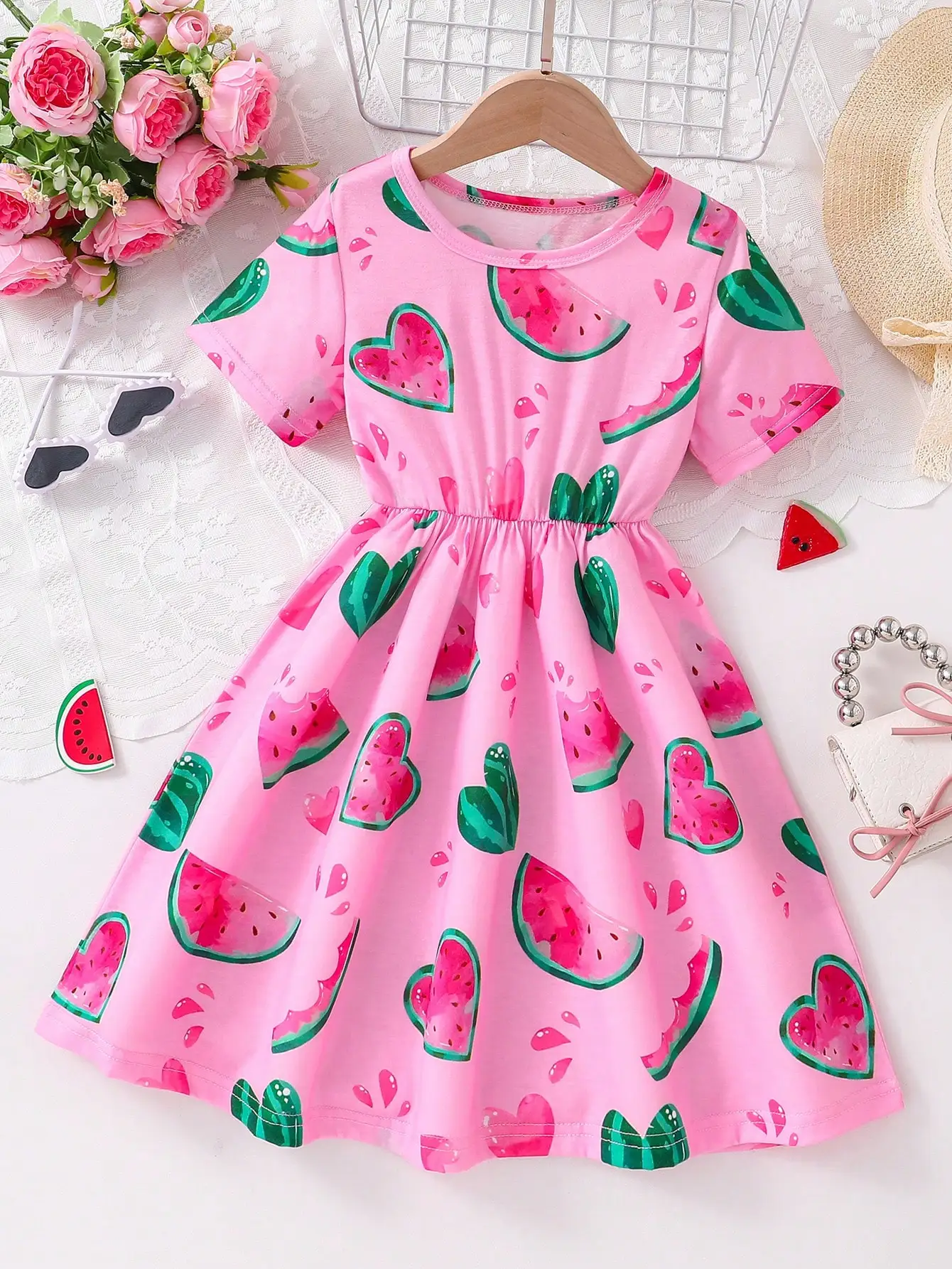 Summer Girls\' Skirt Casual, Fresh And Cute Vacation Style Little Girl Watermelon Full Print Short Sleeve Dress