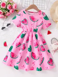 Summer Girls' Skirt Casual, Fresh And Cute Vacation Style Little Girl Watermelon Full Print Short Sleeve Dress