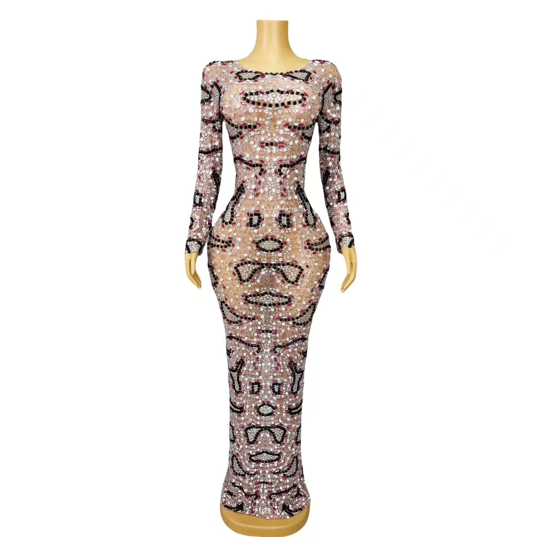 

Sparkly Rhinestone High-end Women's Sheer Mesh Dress for Wedding Party Graduation Prom Evening Gown Long Sleeved Slimming Dress