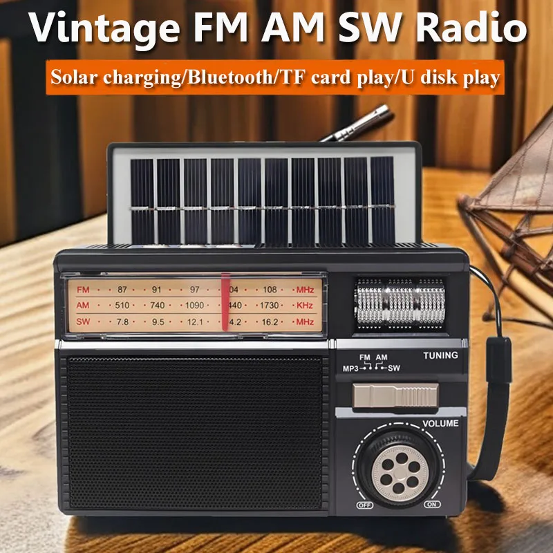 Portable Emergency Full Band Radio Solar Powered Vintage FM AM SW Radios Recevier Wireless Bluetooth Speaker with TF USB Port