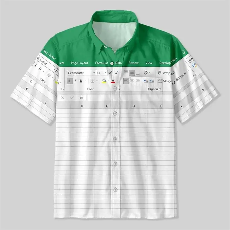 2026 Men's Fun Excel Spreadsheet 3D Print Shirts Green White Funny Office Short Sleeve Lapel Tops Men Clothes