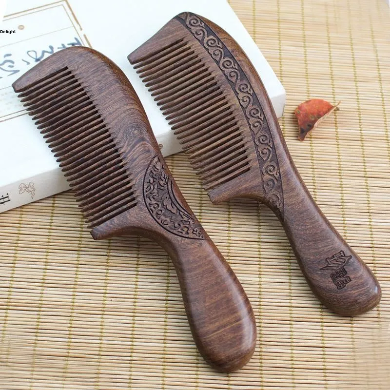 金糸黒檀ヘアコーム彫刻木製ロングヘアコームブラックゴールド黒檀女性用スタイルカップルギフト高齢者ギフト