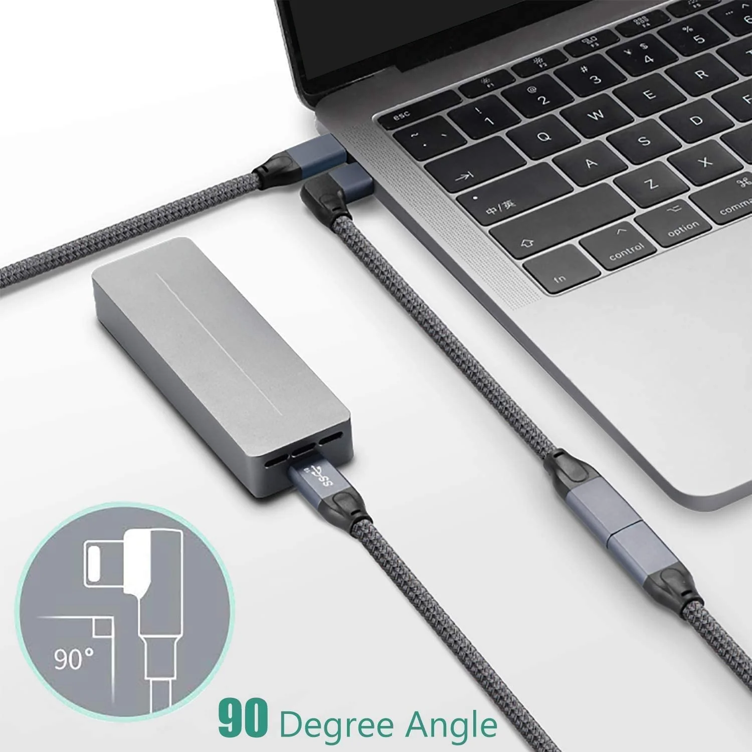 มุมขวา USB C สายต่อสั้น (1.6Ft), ถักและอลูมิเนียม USB-C 3.1 ชายหญิง,Gen 2 10Gbps