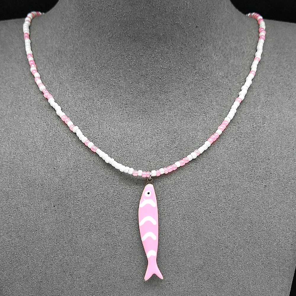 Bunte Fisch Anhänger Halskette für Frauen Mädchen handgemachte gewebte Perlen Dopamin Farbe Meer Party Sommer Mode Kette Halsband Schmuck – Detail 9