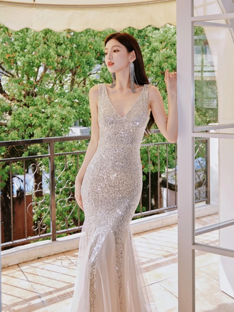 

Элегантное длинное платье с пайетками, модное, с завышенной талией, фасон «русалка», для женщин, с V-образным вырезом, из полиэфирного волокна, для KTV, бальное платье