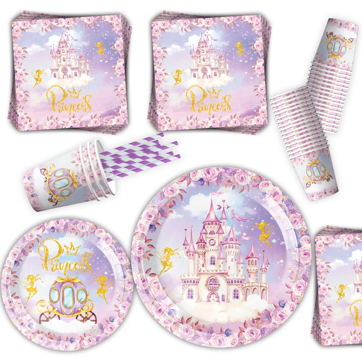 Disney Princess Castle Pink Girl Birthday Party Supplies Dining Plate Paper Cup Table Cloth Girl Gift Party Wedding Party Decora