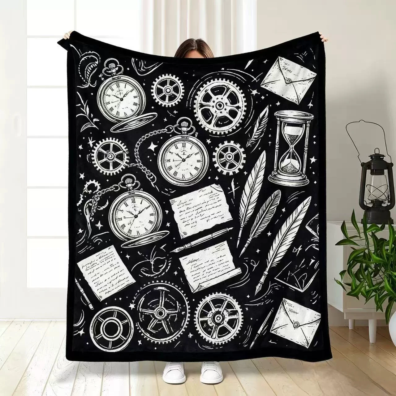 Sketch Style Vintage Steampunk Motif Lightweight Fluffy Throw Blanket Warm Flannel DIY blanket Sofa Bed Home Party And Gifting