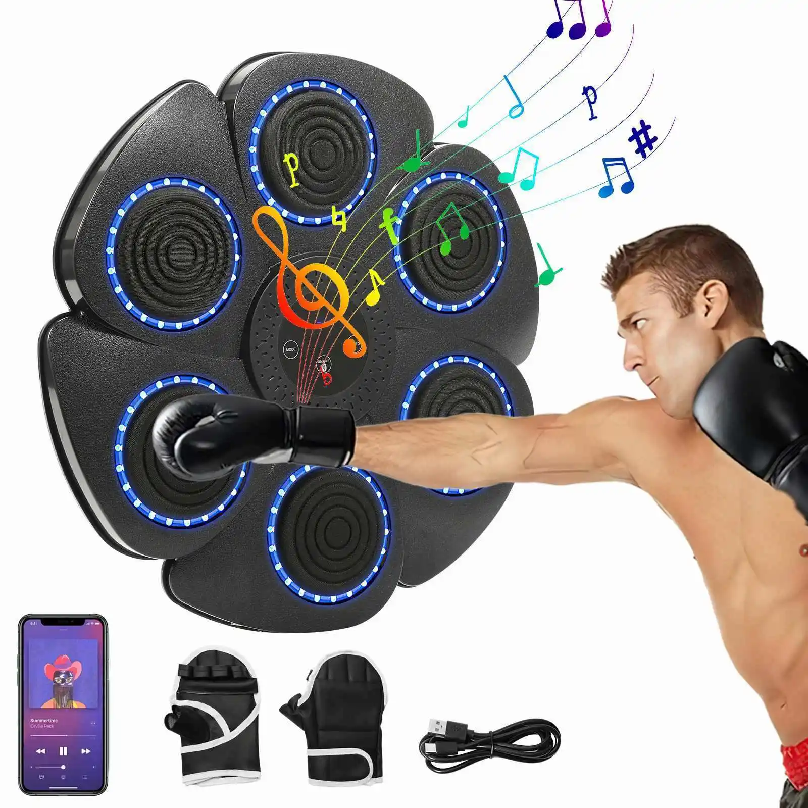 Machine de boxe musicale LED intelligente, entraîneur de vitesse de réaction à 6 cibles pour la remise en forme à domicile, entraîneur de réflexes de boxe avec système de notation