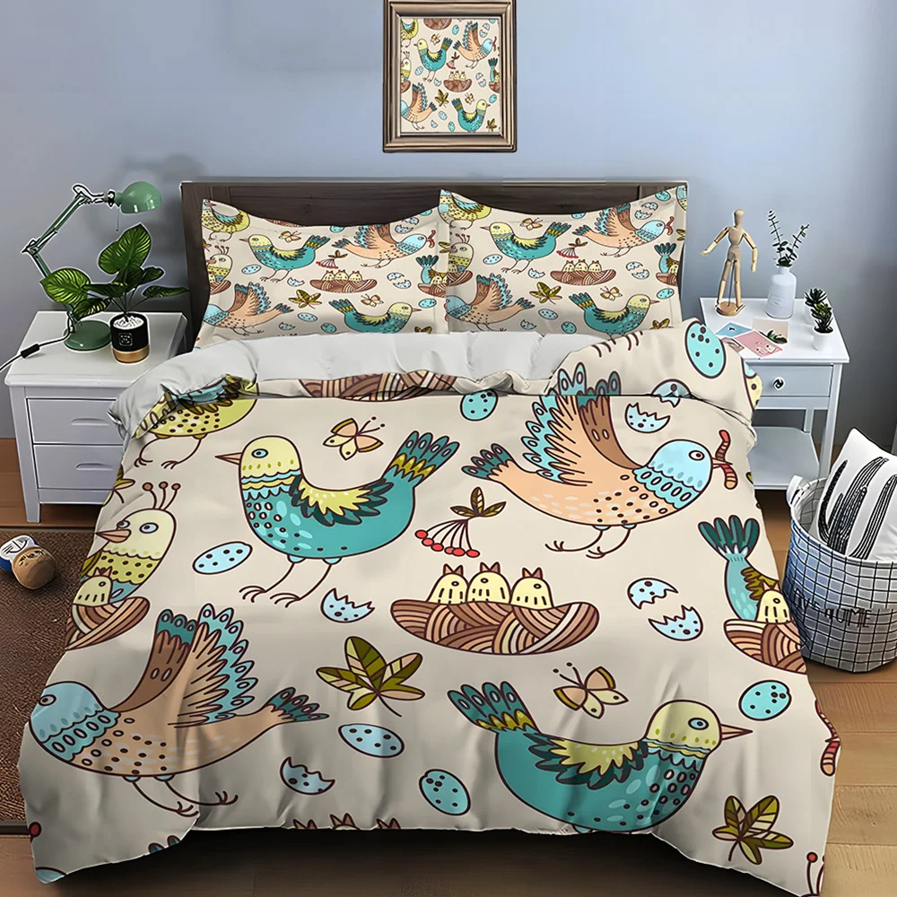 Cartoon birds and nests pattern Bedding Set 1 Duvet Cover 2 Pillowcases for Adult and Children Luxury Gift Full Size