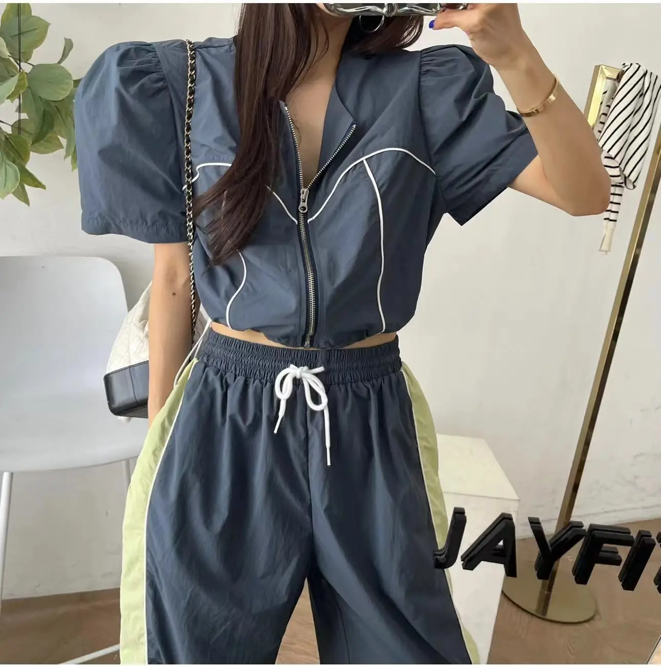 Women's Bubble Sve Windbreaker Jaet with Waist-Cinching Dstring ort Casual Pants Set Faionable Polyester Blend