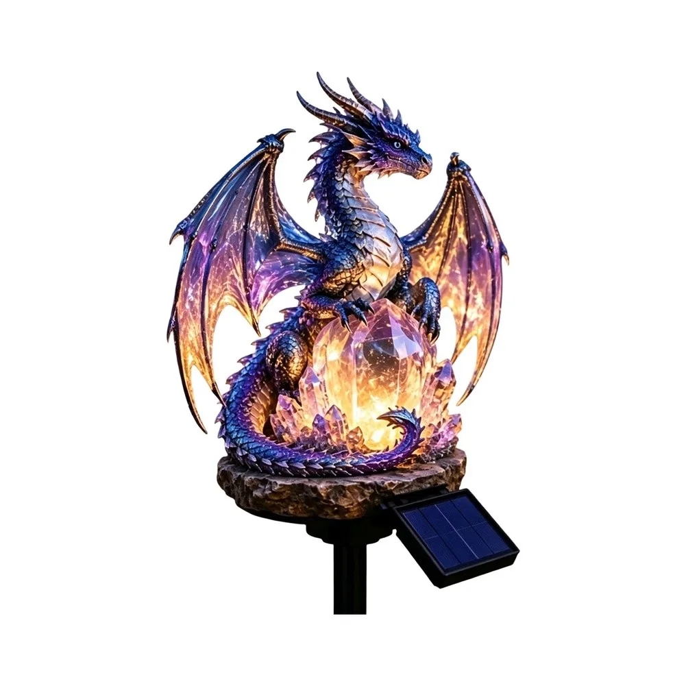 Hand Painted Dragon Solar Lamp for Exterior Decor Providing Ambient Glow in Garden Patio and Medieval Landscapes
