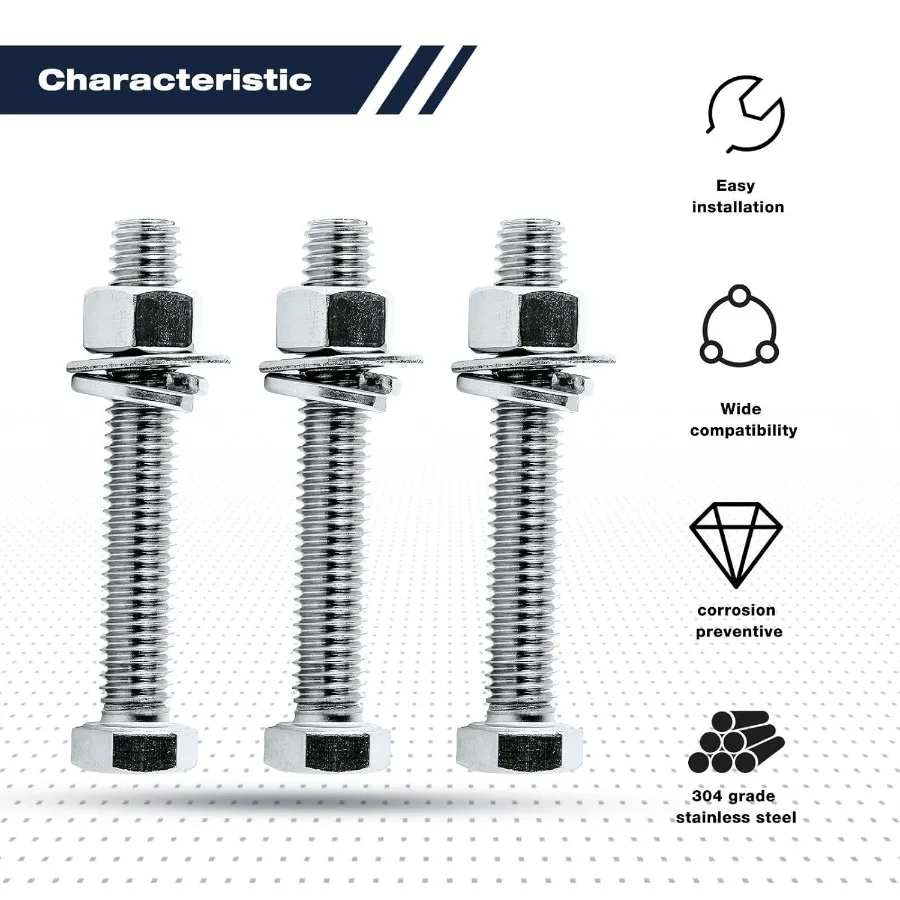 5 Zestawów 3 816 x 3 Kompletny Zestaw Śrub Sześciokątnych, Nakrętek, Podkładek Płaskich, Podkładek Sprężynowych, W Pełni Gwintowanych, Ze Stali Nierdzewnej 188(304), Wykończenie Błyszczące.