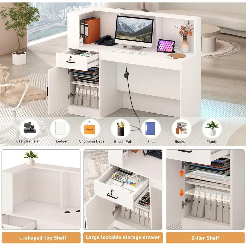 مكتب استقبال مع منافذ طاقة أضواء LED، طاولة غرفة استقبال حديثة على شكل حرف L مع حلقة كابل، سحب قابل للقفل #3